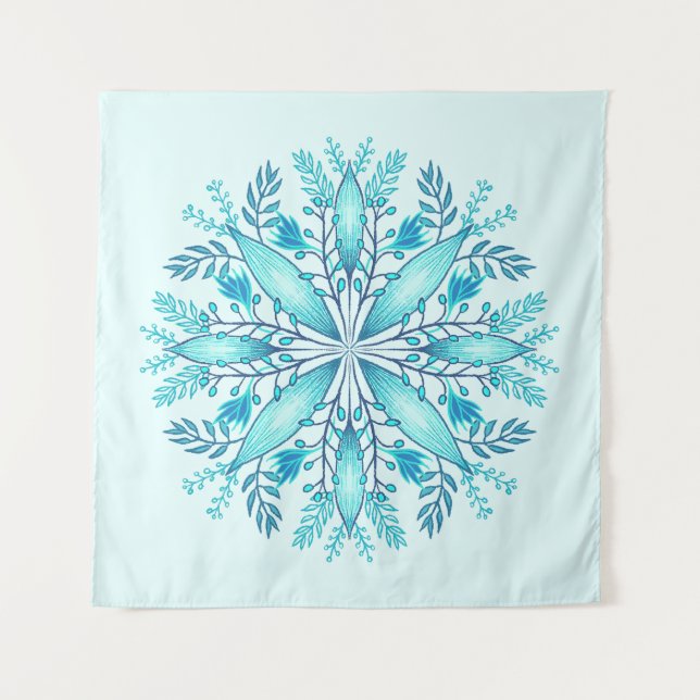 Tapete De Parede Floral Mandala - Turquesa Blue Boho Snowflake (Frente)