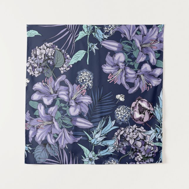 Tapete De Parede Floral seamless pattern. There are Lily, Hydrangea (Frente)