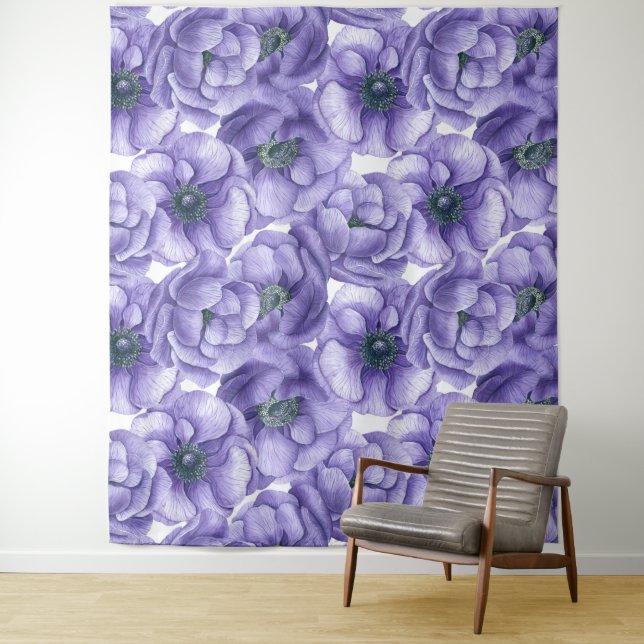 Tapete De Parede Flores anêmonas violetas padrão aquarela (In Situ)