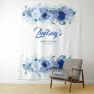 Tapete De Parede Flores Azuis Elegantes e Confetes Dourados