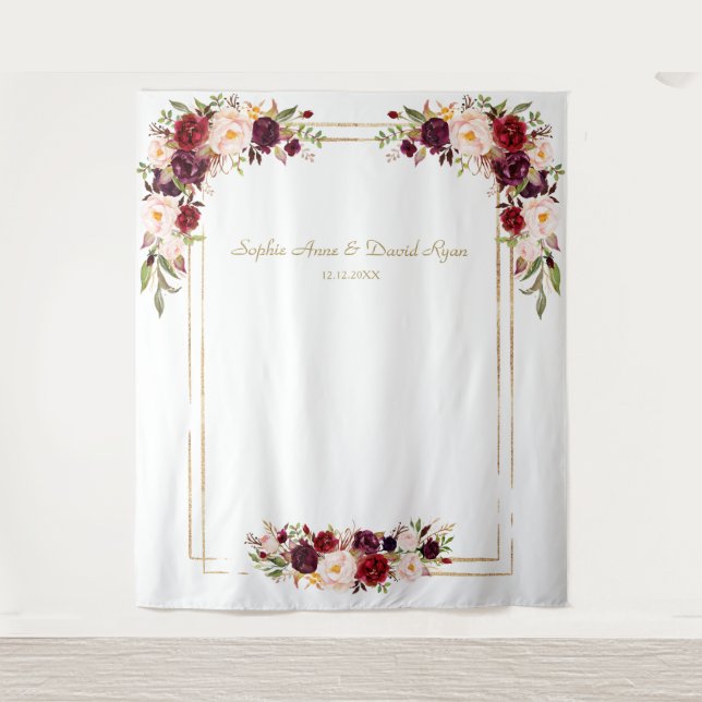 Tapete De Parede Flores Bege Borgonha Dourado Cabine Fotográfica Ca (Frente)