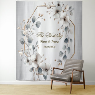 Tapete De Parede Flores brancas de aquarela Ouro Frame Silver Teal