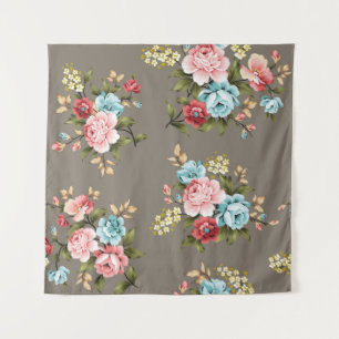 Tapete De Parede Flores cor-de-rosa e azuis com verde e creme