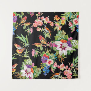 Tapete De Parede Flores de Aves Selvagens: Vintagem Negra
