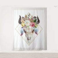 Flores de boho e penas crânio geométrico