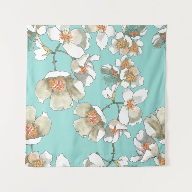 Tapete De Parede Flores De Jasmine: Turquesa De Luz De Aquarela (Frente)