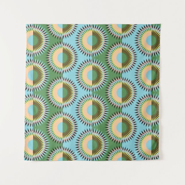 Tapete De Parede Flores dobradas: padrão retroazul-verde. (Frente)