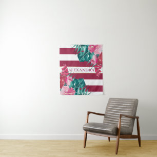 Tapete De Parede Flores Exóticas Cor-de-Rosa stripadas Borgonha