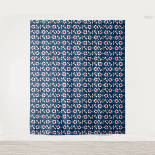 Tapete De Parede Flores retro brancas sobre fundo azul escuro
