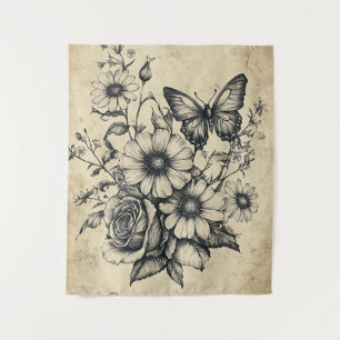 Tapete De Parede Flores russas e borboletas - Papel envelhecido (6)