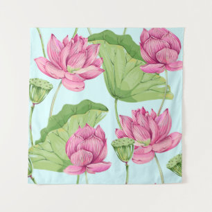 Tapete De Parede Flores tropicais, folhas, lótus cor-de-rosa, lírio