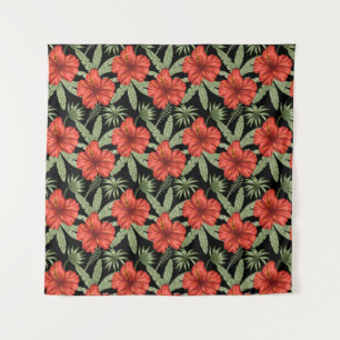 Tapete De Parede Flores tropicais vermelhas Folhas verdes