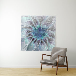 Tapete De Parede Florescer Abstrato Moderno Fractal Flor Com Azul