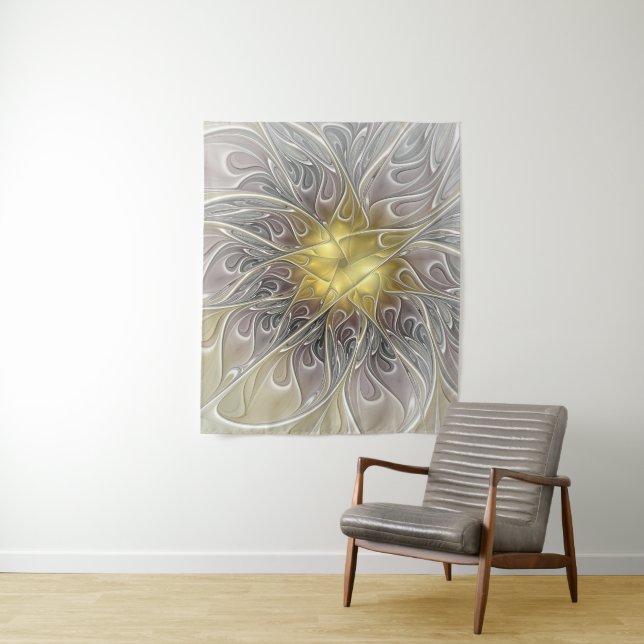 Tapete De Parede Florescer Com Flor Fractal Abstrata Moderna Dourad (In Situ)