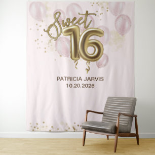 Tapete De Parede Folha de Ouro Sweet 16 Balões de Dias Fundo Rosa