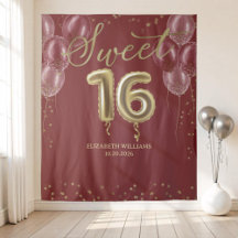 Folha de Ouro Sweet 16 Balões Fundo de Borgonha