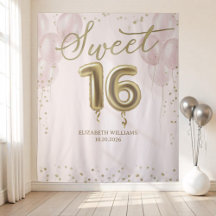 Folha de Ouro Sweet 16 Balões Fundo Rosa