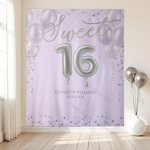 Folha de Prata Sweet 16 Balões Fundo de Lavanda