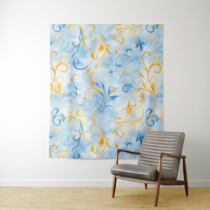 Tapete De Parede Folha Elegante Azul e Dourada Inspirada em Paisley