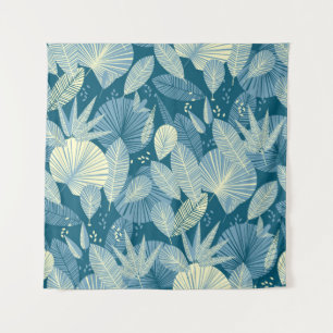 Tapete De Parede Folhagem Elegante: Padrão Tropical Azul-Cinza.