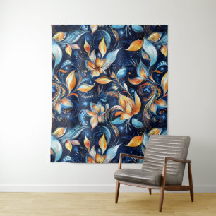 Tapete De Parede Folhas azuis e Douradas de salsa Abstrato (2)