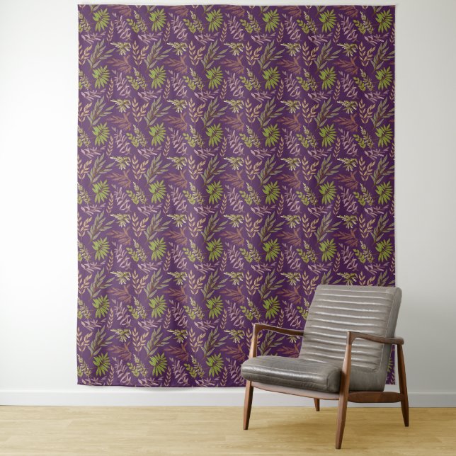 Tapete De Parede Folhas Botânicas: Um Fundo Roxo Impressionante (In Situ)