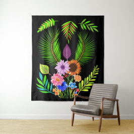 Tapete De Parede Folhas da Meia-Noite & Flores Botânicas em Preto