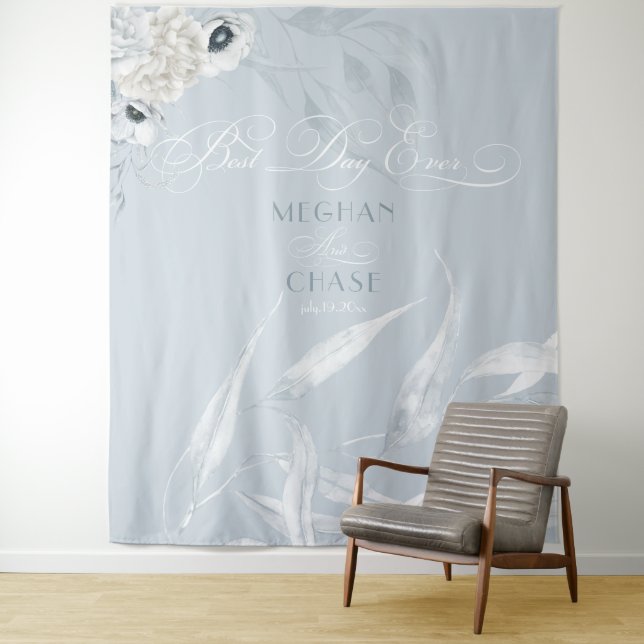 Tapete De Parede Folhas Elegantes em Aquarela Branca Azul Desbotado (In Situ)