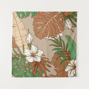Tapete De Parede Folhas tropicais de pele-leopardo flores de hibisc