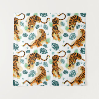 Tapete De Parede Folhas Tropicais de Tigres: Ilustração Vintage.