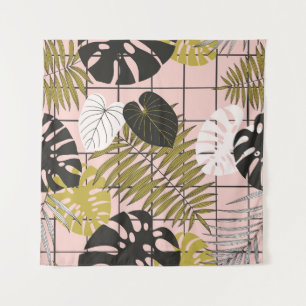 Tapete De Parede Folhas tropicais, flores, padrão pintado à mão.