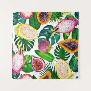 Tapete De Parede Folhas tropicais, frutas, padrão sem costura de gu