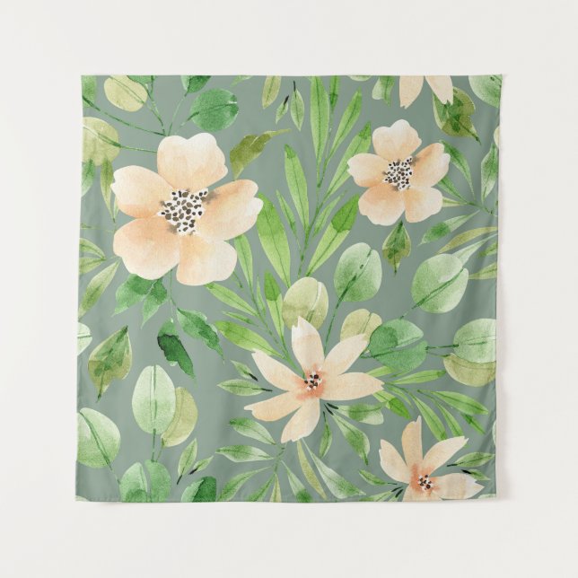 Tapete De Parede Folhas Verdes, Flores Rosa: Aquarela. (Frente)