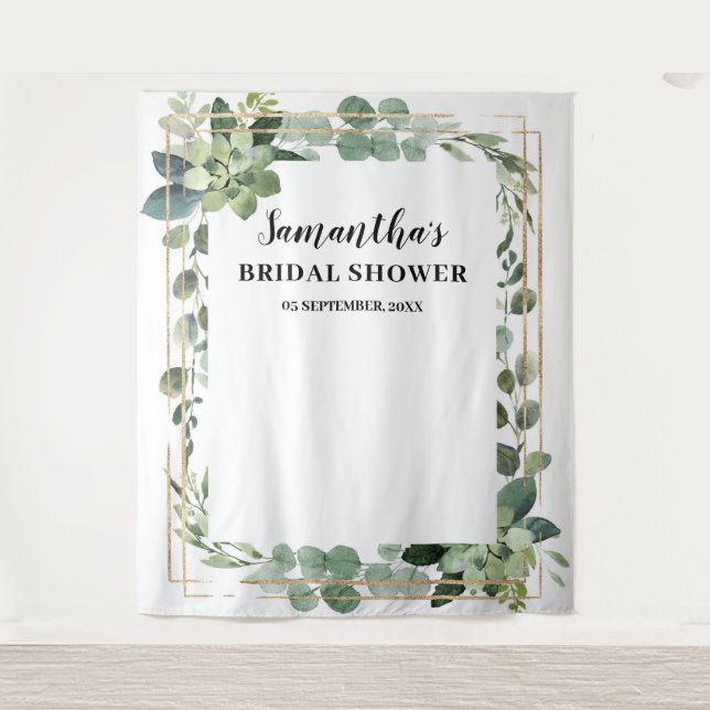 Tapete De Parede Folhas verdes rústicas suculentas florais dourado (Frente)