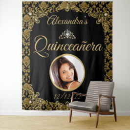 Tapete De Parede Fotos de Quinceanera Tiara de Damasco Preto Dourad