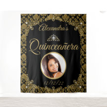 Fotos de Quinceanera Tiara de Damasco Preto Dourad