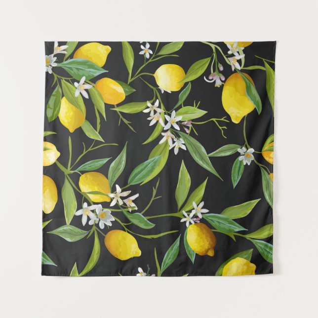 Tapete De Parede Frutas de limão e flores em fundo escuro (Frente)