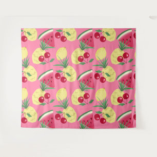 Tapete De Parede Frutas suculentas em um fundo rosa-vermelho.