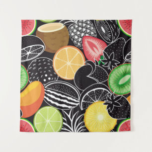 Tapete De Parede Frutas tropicais coloridas, fundo preto.