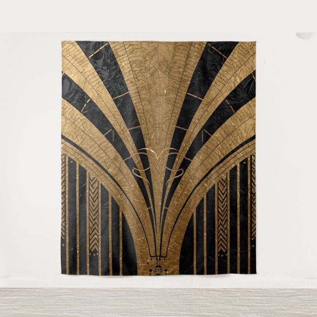 Tapete De Parede Fundo Art Déco Preto e Dourado (Frente)