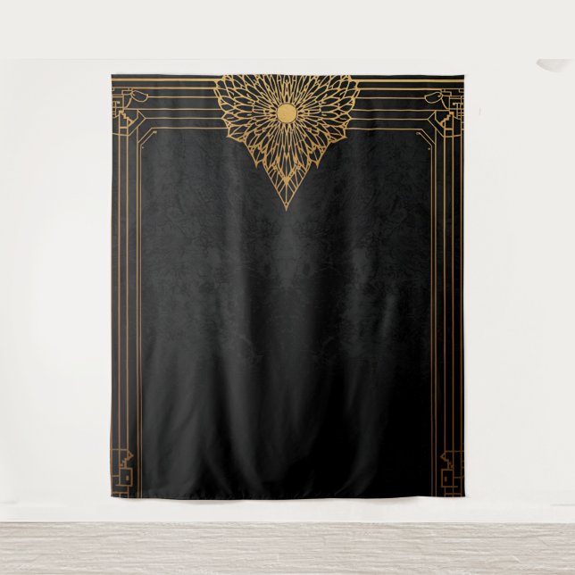 Tapete De Parede Fundo Art Déco Preto e Dourado (Frente)
