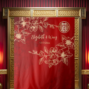 Tapete De Parede Fundo Chinês Vermelho Dourado Magnólia