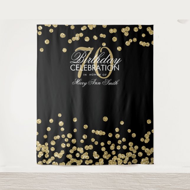 Tapete De Parede Fundo de 70º Aniversário Dourado Preto Confetes (Frente)