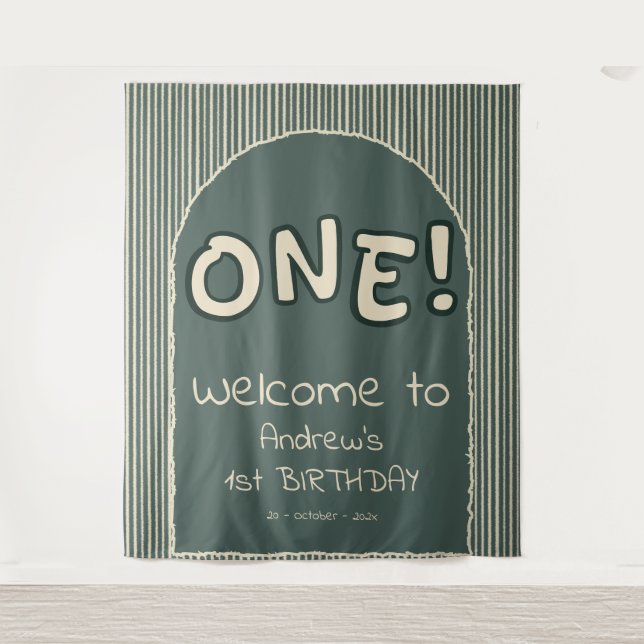 Tapete De Parede Fundo de Aniversário de 1 Ano com Listras Verde Es (Frente)