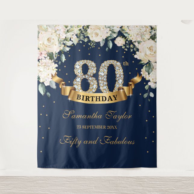 Tapete De Parede Fundo de aniversário de 80 anos com floral verde e (Frente)