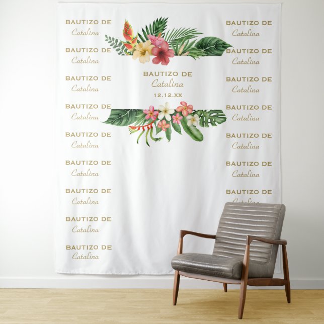 Tapete De Parede Fundo de Bautizo Floral Tropical Step & Repeat (In Situ)