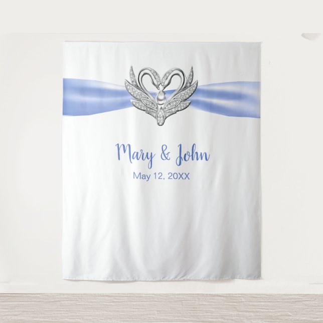 Tapete De Parede Fundo de casamento de cisnes prateados com fita az (Frente)