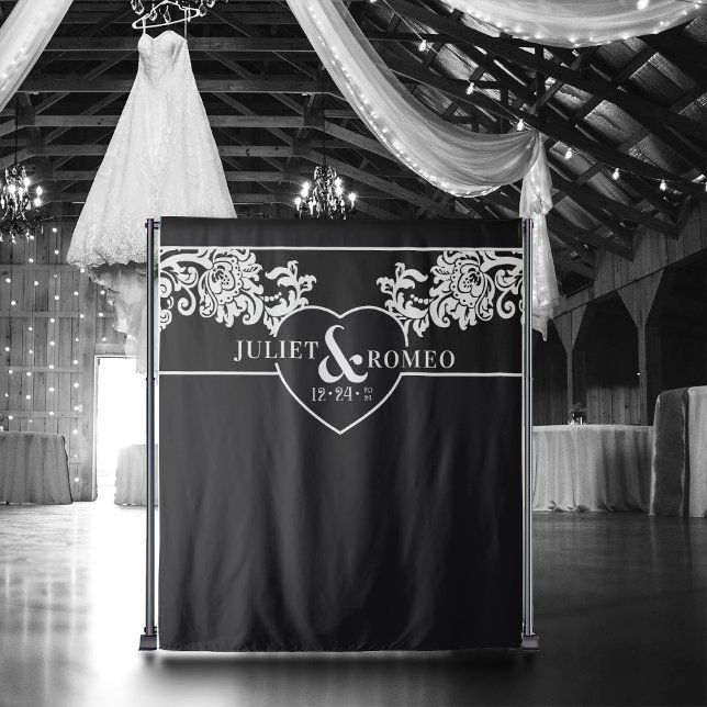 Tapete De Parede Fundo de Casamento Elegante Branco e Negro Moderno (elegant black and white wedding backdrop for photo booth)