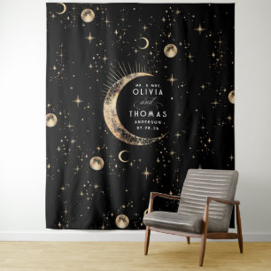 Tapete De Parede Fundo de Casamento Místico Celestial Preto e Doura
