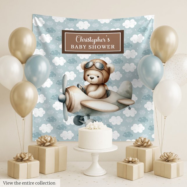 Tapete De Parede Fundo de cena caprichoso de chuveiro de bebê com u (Whimsical teddy bear pilot baby shower backdrop)